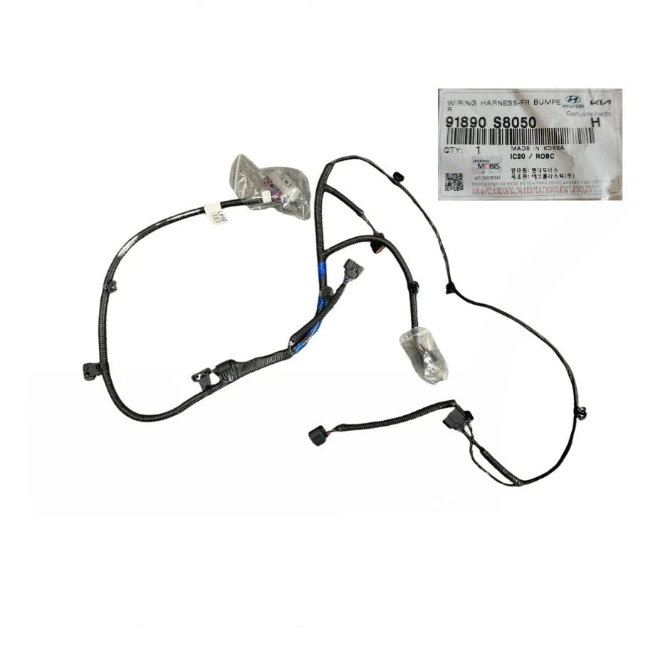 Hyundai genuine replacement brake assembly part number 91890 S8050, featuring a black brake caliper bracket with attached wiring harnesses and plastic-wrapped components, shown alongside a product label and Hyundai/Hypermann branding on a white background.